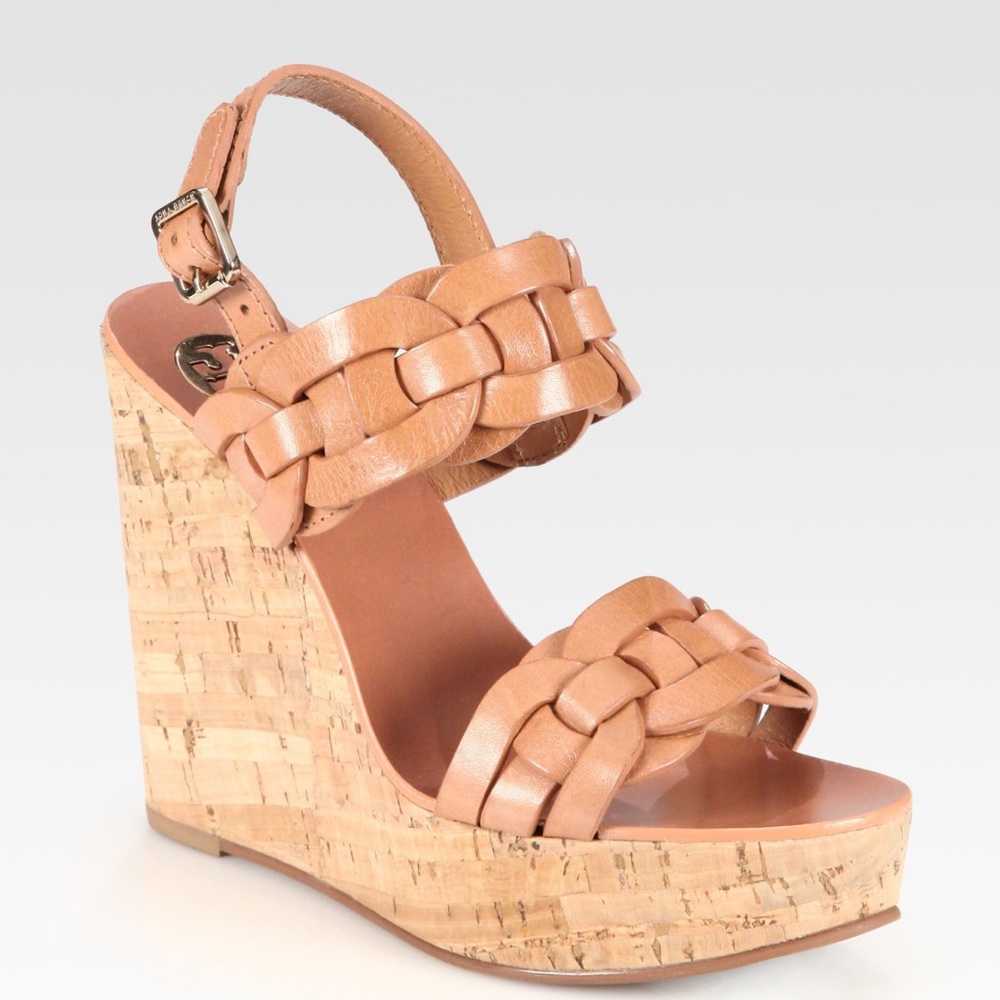 Tory Burch Calyca Braided Leather Platform Wedge, Nude, Size 6.5